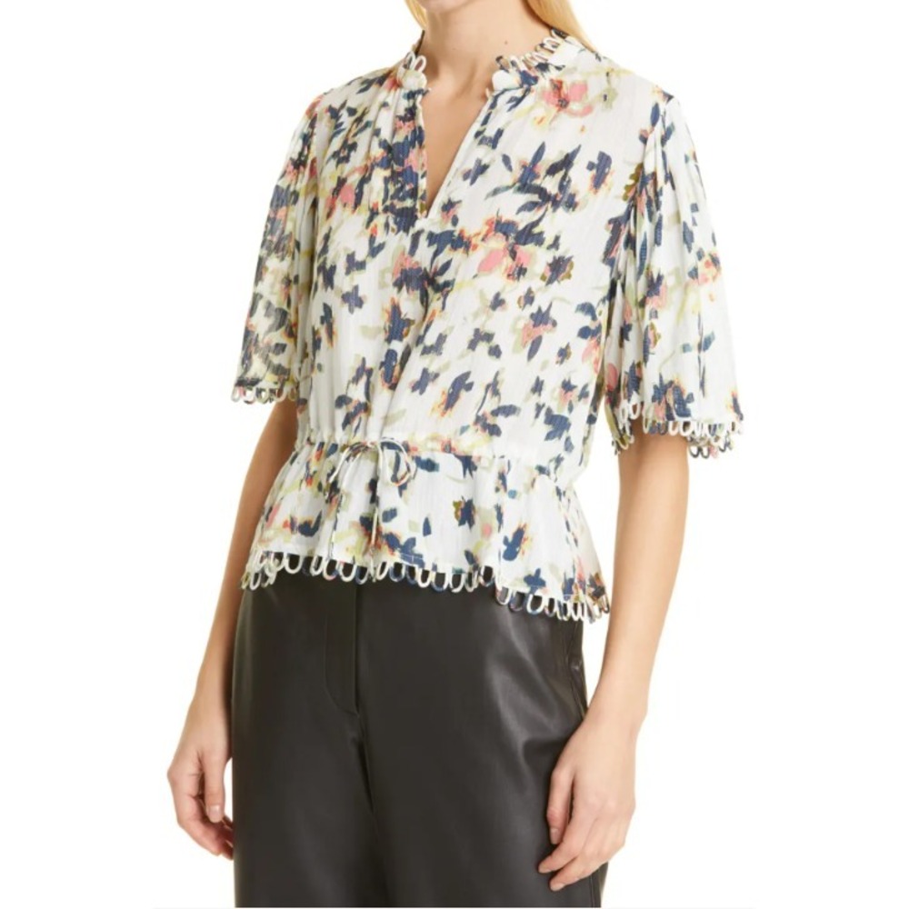 MUNTHE‎ Hasel Top Puff Sleeve Drawstring Waist Peplum Blouse Floral Size 38